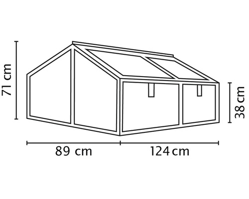 Lijntekening van een koude bak met afmetingen van 213 centimeter breed en 71 centimeter hoog