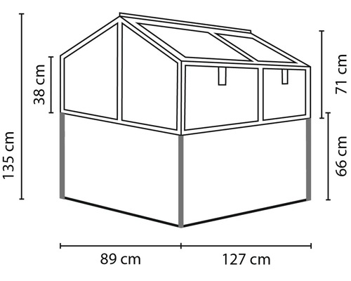 Lijntekening van een verhoogde kweekbak met gedetailleerde afmetingen in centimeters.