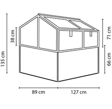 Lijntekening van een verhoogde kweekbak met gedetailleerde afmetingen in centimeters.