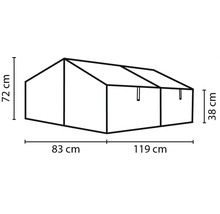 Lijntekening van een foliekas of kweekbak met afmetingen: 72 centimeter hoog, 83 centimeter diep en 119 centimeter breed.