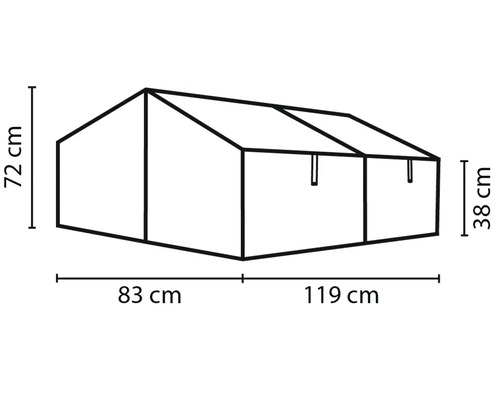 Lijntekening van een foliekas of kweekbak met afmetingen: 72 centimeter hoog, 83 centimeter diep en 119 centimeter breed.