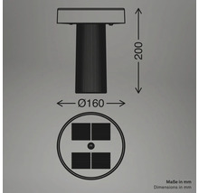 Technische tekening van een solarlamp met afmetingen in millimeter. Diameter 160 millimeter, totale hoogte 200 millimeter.