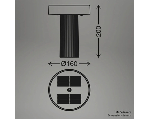 Technische tekening van een solarlamp met afmetingen in millimeter. Diameter 160 millimeter, totale hoogte 200 millimeter.