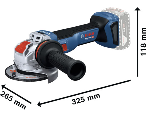 Bosch Professional accu haakse slijper GWX 18V-11 S met X LOCK systeem en 18 volt accu met afmetingen