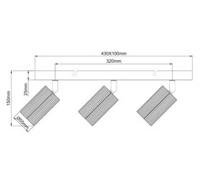Technische tekening van een plafondlamp met drie verstelbare spots inclusief afmetingen.