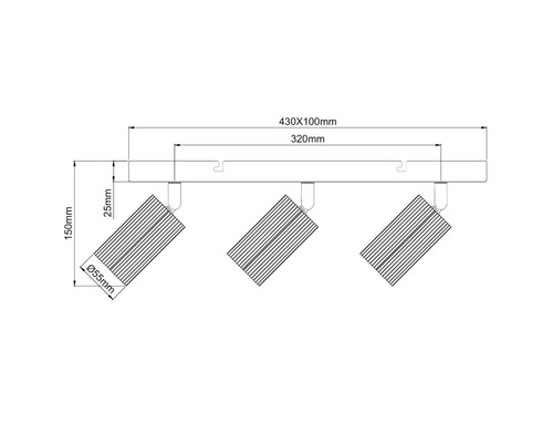 Technische tekening van een plafondlamp met drie verstelbare spots inclusief afmetingen.