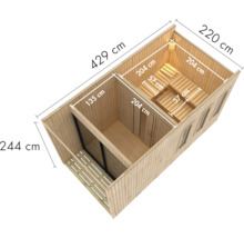 Houten saunahuis met afmetingen, onderverdeeld in een voorruimte en een saunaruimte met saunaligbedden, bovenaanzicht.