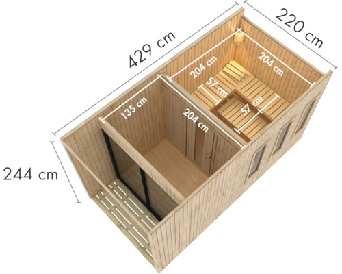 Houten saunahuis met afmetingen, onderverdeeld in een voorruimte en een saunaruimte met saunaligbedden, bovenaanzicht.