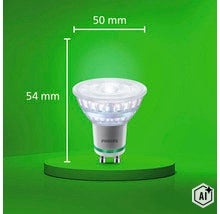 Philips LED lamp met GU10 fitting en afmetingen 50 millimeter diameter en 54 millimeter hoogte (Image AI modified or generated)