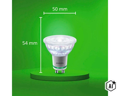 Philips LED lamp met GU10 fitting en afmetingen 50 millimeter diameter en 54 millimeter hoogte (Image AI modified or generated)