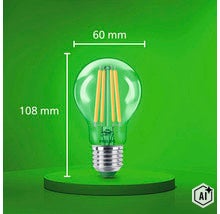 Philips LED filament lamp met 60 millimeter diameter en 108 millimeter totale hoogte (Image AI modified or generated)