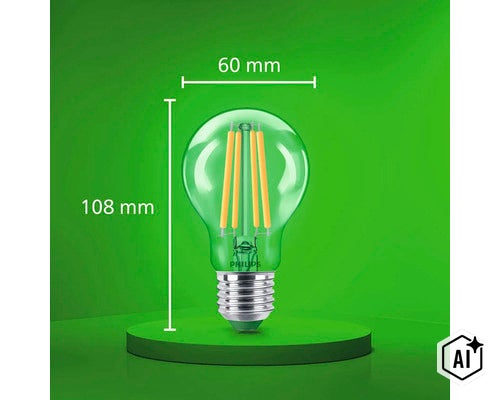 Philips LED filament lamp met 60 millimeter diameter en 108 millimeter totale hoogte (Image AI modified or generated)