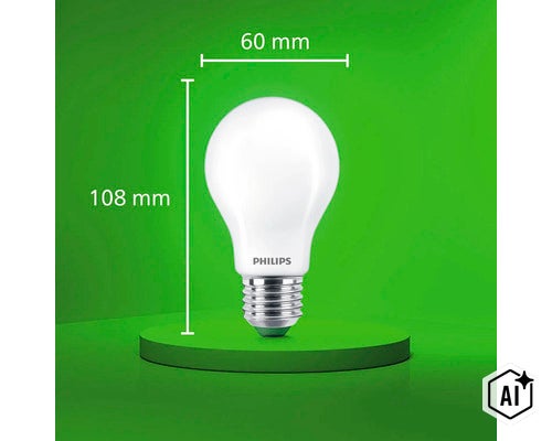Philips led lamp met E27 fitting, afmetingen 108 millimeter bij 60 millimeter (Image AI modified or generated)