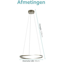 Maattekening van een ronde led hanglamp met een diameter van 55 centimeter en een hoogte van 120 centimeter.