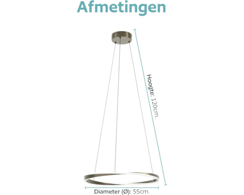 Maattekening van een ronde led hanglamp met een diameter van 55 centimeter en een hoogte van 120 centimeter.