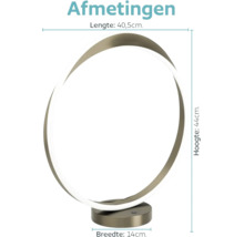 Tafellamp met circulair ontwerp, afmetingen 40,5 centimeter lengte, 44 centimeter hoogte en 14 centimeter breedte.