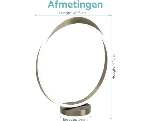 Tafellamp met circulair ontwerp, afmetingen 40,5 centimeter lengte, 44 centimeter hoogte en 14 centimeter breedte.
