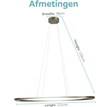 Maattekening van een ronde hanglamp met een breedte van 38 centimeter, een hoogte van 120 centimeter en een lengte van 111 centimeter.