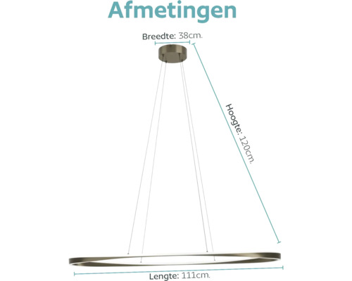 Maattekening van een ronde hanglamp met een breedte van 38 centimeter, een hoogte van 120 centimeter en een lengte van 111 centimeter.