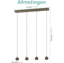 Vierlichts hanglamp met metalen kappen, lengte 77 centimeter, hoogte 150 centimeter, breedte 9 centimeter, voor binnenverlichting.
