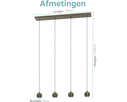 Vierlichts hanglamp met metalen kappen, lengte 77 centimeter, hoogte 150 centimeter, breedte 9 centimeter, voor binnenverlichting.