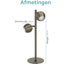 Tafellamp met twee bolvormige spots, hoogte 45 centimeter, diameter 15 centimeter, voor accentverlichting.