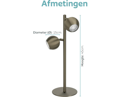 Tafellamp met twee bolvormige spots, hoogte 45 centimeter, diameter 15 centimeter, voor accentverlichting.
