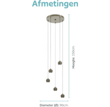 Technische tekening van een ronde hanglamp met vijf bolvormige lampenkappen, totale hoogte 150 centimeter, diameter 90 centimeter.