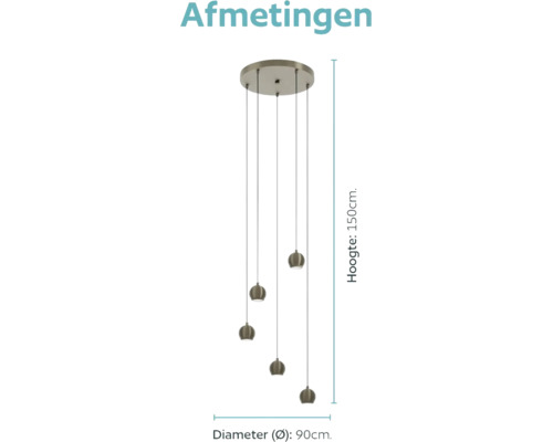 Technische tekening van een ronde hanglamp met vijf bolvormige lampenkappen, totale hoogte 150 centimeter, diameter 90 centimeter.