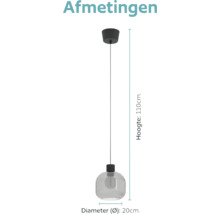Maattekening van een hanglamp met een diameter van 20 centimeter en een totale hoogte van 110 centimeter.