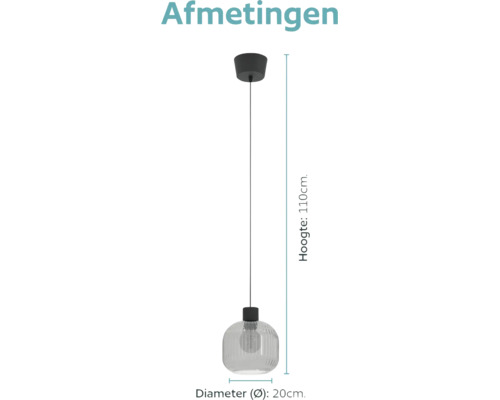 Maattekening van een hanglamp met een diameter van 20 centimeter en een totale hoogte van 110 centimeter.