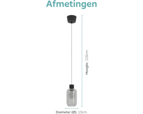 Maattekening van een hanglamp met een totale hoogte van 110 centimeter en een diameter van 13 centimeter.