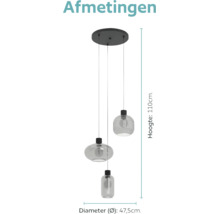 Hanglamp met drie lichtpunten met geribbelde glazen kappen aan een plafondplaat, totale hoogte 110 centimeter, totale diameter 47,5 centimeter.