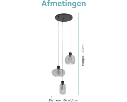 Hanglamp met drie lichtpunten met geribbelde glazen kappen aan een plafondplaat, totale hoogte 110 centimeter, totale diameter 47,5 centimeter.