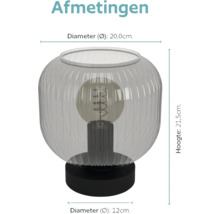 Tafellamp met geribbelde glazen kap, 20 centimeter diameter en 21,5 centimeter hoogte, voet met 12 centimeter diameter.