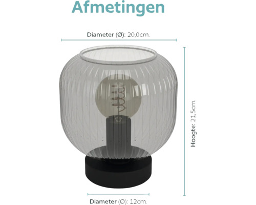 Tafellamp met geribbelde glazen kap, 20 centimeter diameter en 21,5 centimeter hoogte, voet met 12 centimeter diameter.