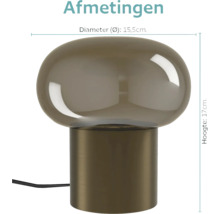 Tafellamp met glazen kap en cilindrische voet, 15,5 centimeter diameter en 17 centimeter hoogte.