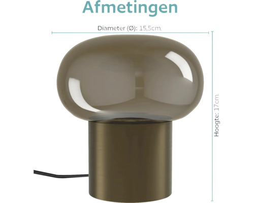 Tafellamp met glazen kap en cilindrische voet, 15,5 centimeter diameter en 17 centimeter hoogte.