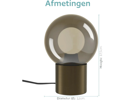 Tafellamp met glazen bol en cilindervormige metalen voet, hoogte 17,5 centimeter, diameter 12 centimeter