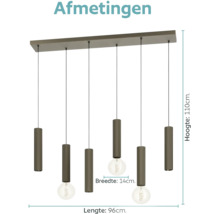 Moderne hanglamp met 6 cilindervormige kappen aan een rechthoekige plafondplaat, afmetingen 96 bij 110 bij 14 centimeter.