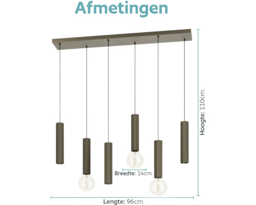 Moderne hanglamp met 6 cilindervormige kappen aan een rechthoekige plafondplaat, afmetingen 96 bij 110 bij 14 centimeter.