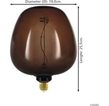 Grote led filament lamp met een diameter van 19 centimeter en een lengte van 25,5 centimeter