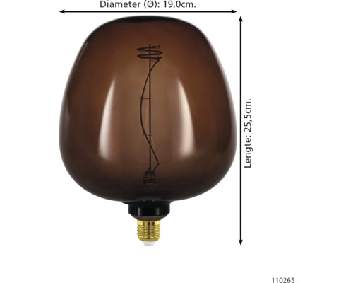 Grote led filament lamp met een diameter van 19 centimeter en een lengte van 25,5 centimeter