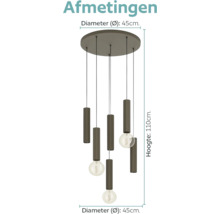 Moderne hanglamp met vijf cilindrische fittingen en een ronde plafondplaat, hoogte 110 centimeter, diameter 45 centimeter.