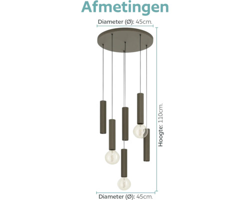 Moderne hanglamp met vijf cilindrische fittingen en een ronde plafondplaat, hoogte 110 centimeter, diameter 45 centimeter.