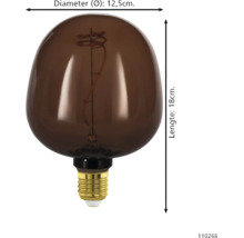 LED filament lamp met donker glas, diameter 12,5 centimeter en lengte 18 centimeter met E27 fitting.