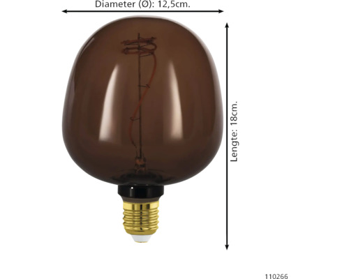 LED filament lamp met donker glas, diameter 12,5 centimeter en lengte 18 centimeter met E27 fitting.