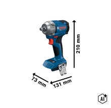 Bosch accu slagschroevendraaier met afmetingen 210 millimeter bij 73 millimeter bij 131 millimeter en Bosch logo (Image AI modified or generated)
