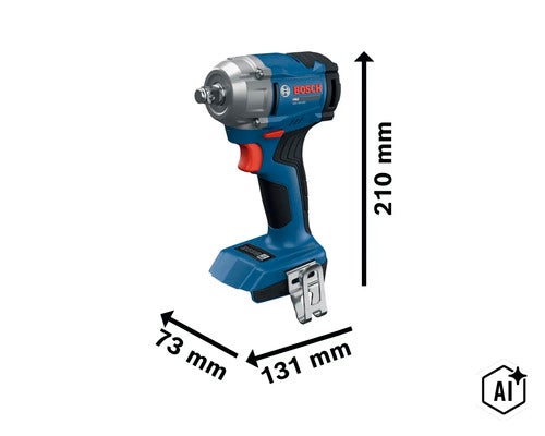 Bosch accu slagschroevendraaier met afmetingen 210 millimeter bij 73 millimeter bij 131 millimeter en Bosch logo (Image AI modified or generated)