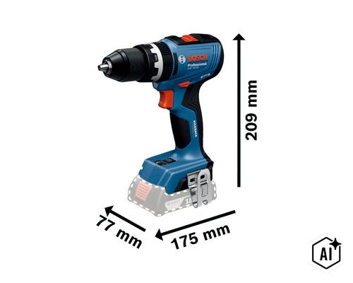 Bosch Professional accu klopboormachine GSB 18V-65 met afmetingen in millimeters (Image AI modified or generated)